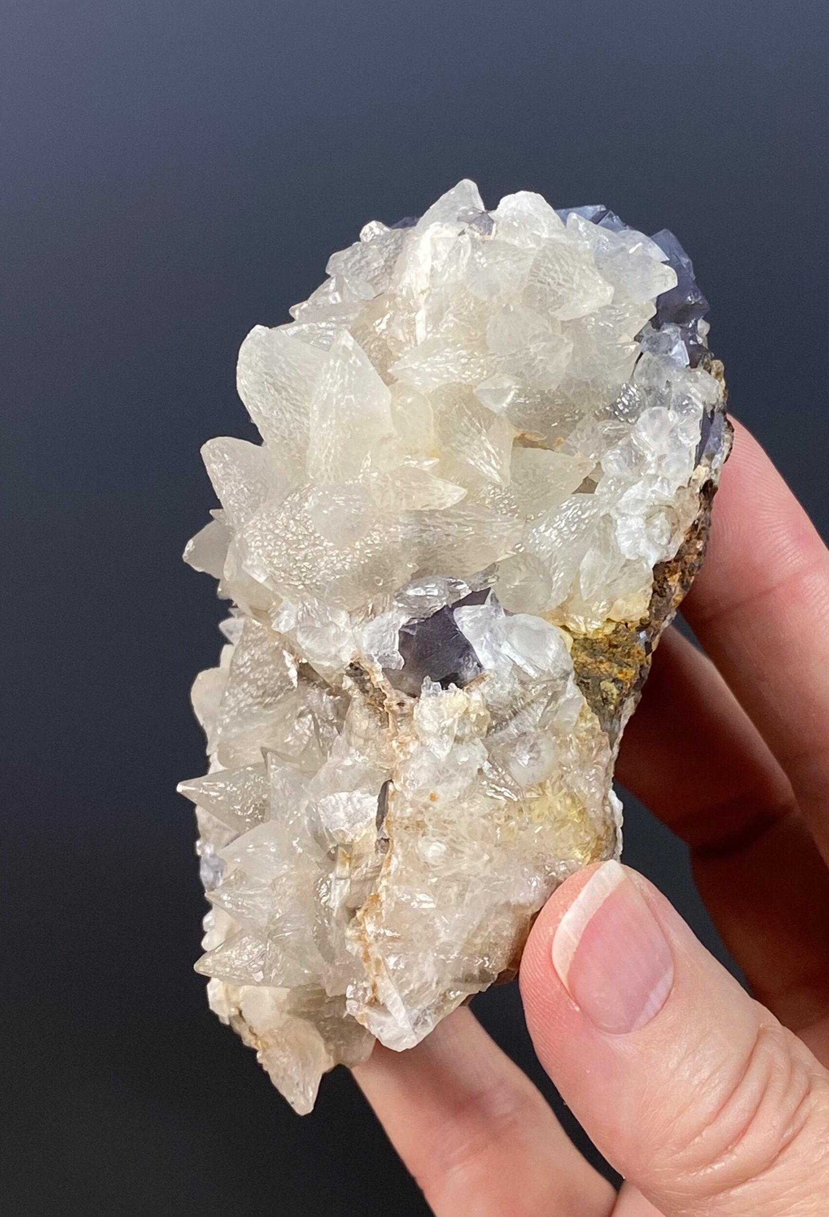 Dog Tooth Calcite Cluster on Blue / Purple Fluorite Matrix - UV Reactive - Fluorescent 365 nm Long Wave