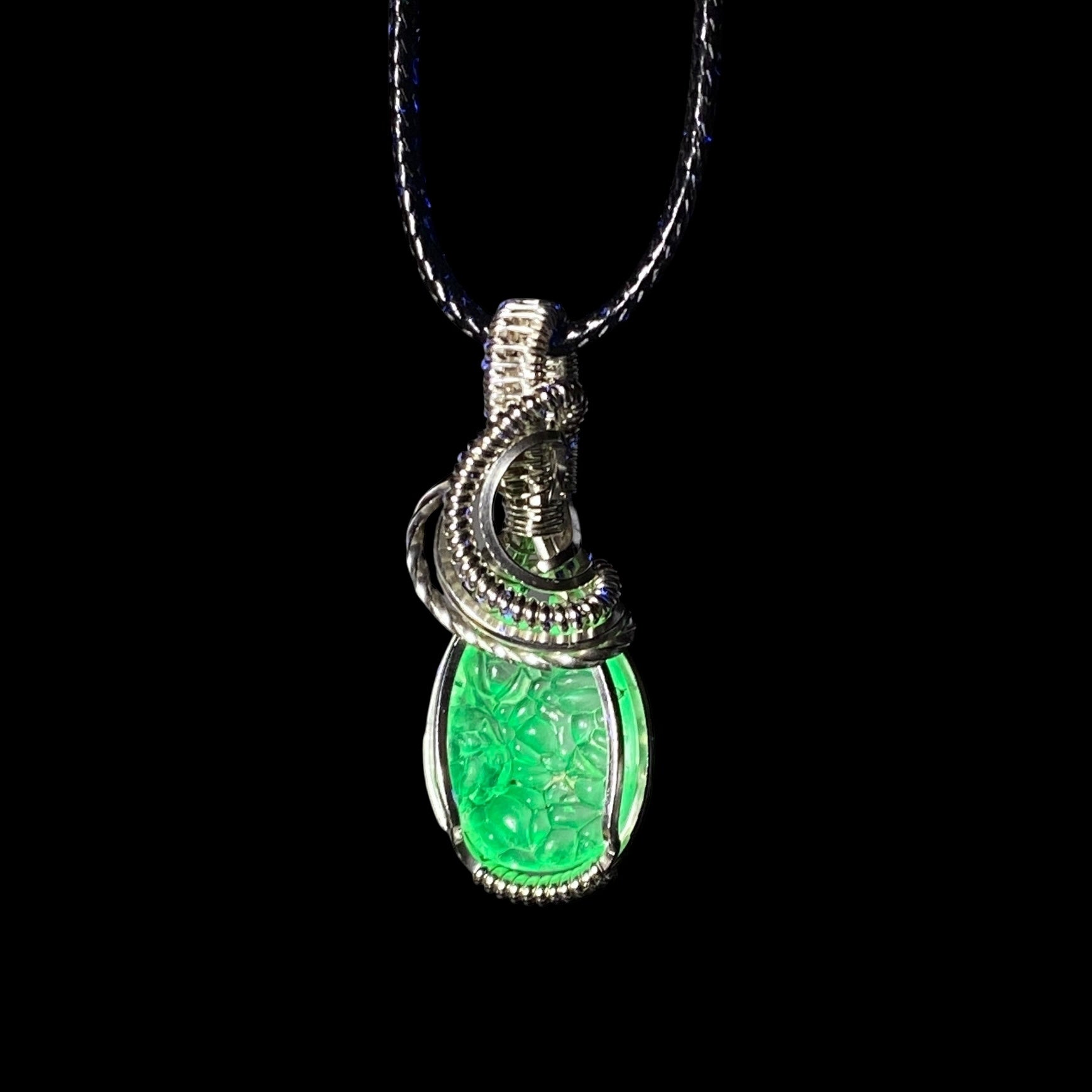 Hyalite Opal with Purple Fluorite Inclusions & Sterling Silver Wire Wrapped Pendant