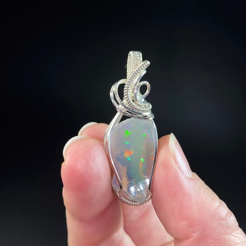 Ethiopian Welo Opal & Sterling Silver Wire Wrapped Pendant