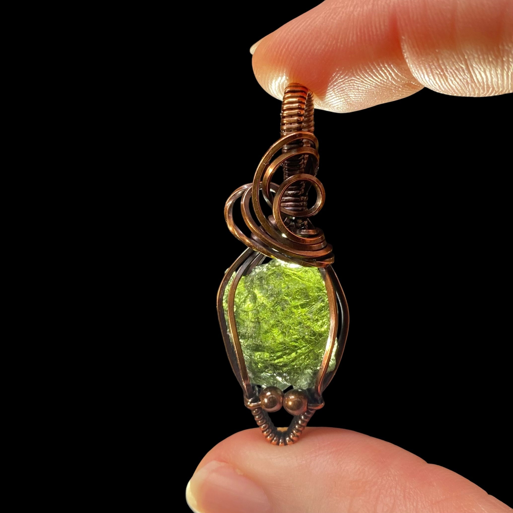 Genuine Moldavite and Copper Wire Wrapped Pendant