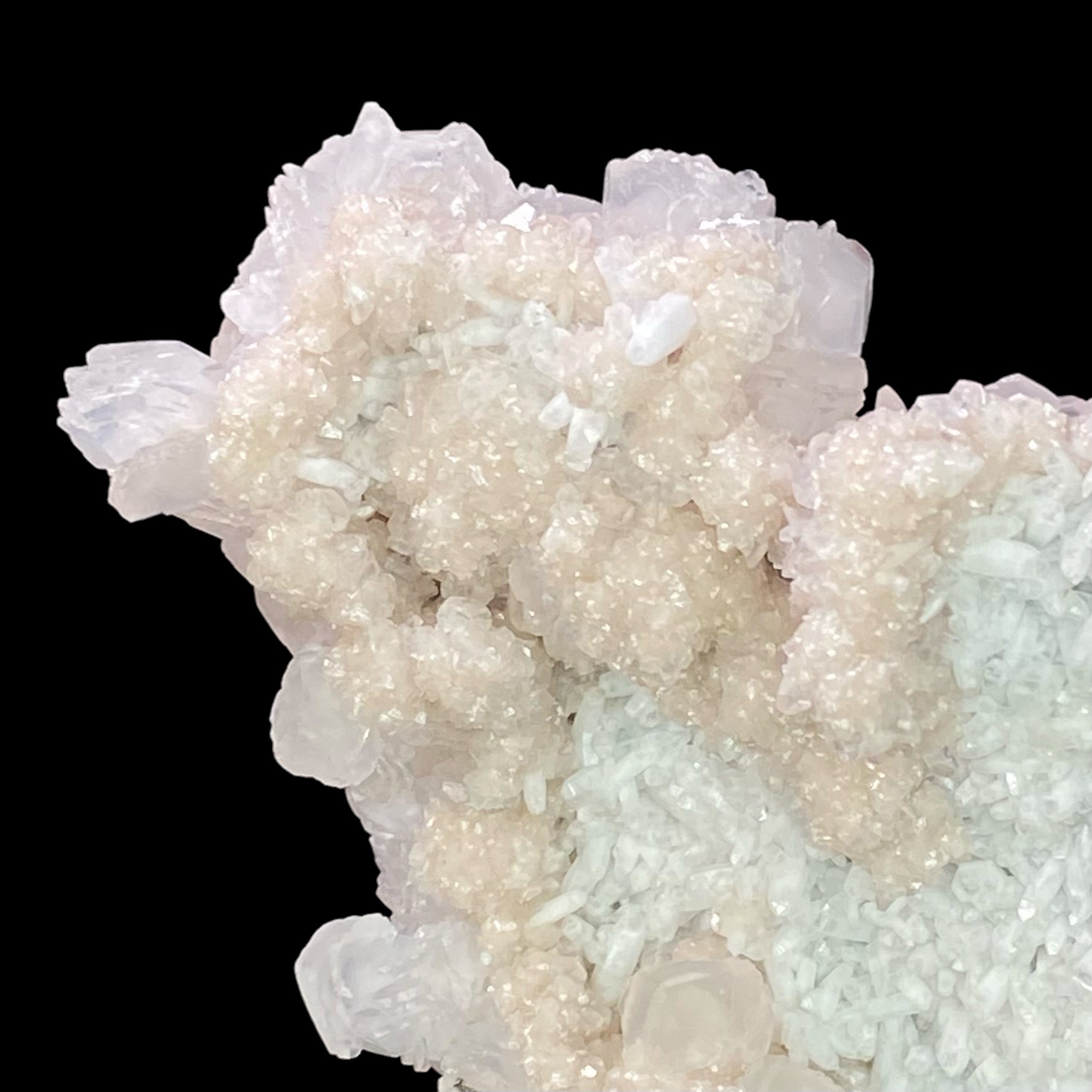 Rhodochrosite Cluster with Fluorescent Calcite & Milky Quartz Crystals, from Trepça Mines, Kosovo