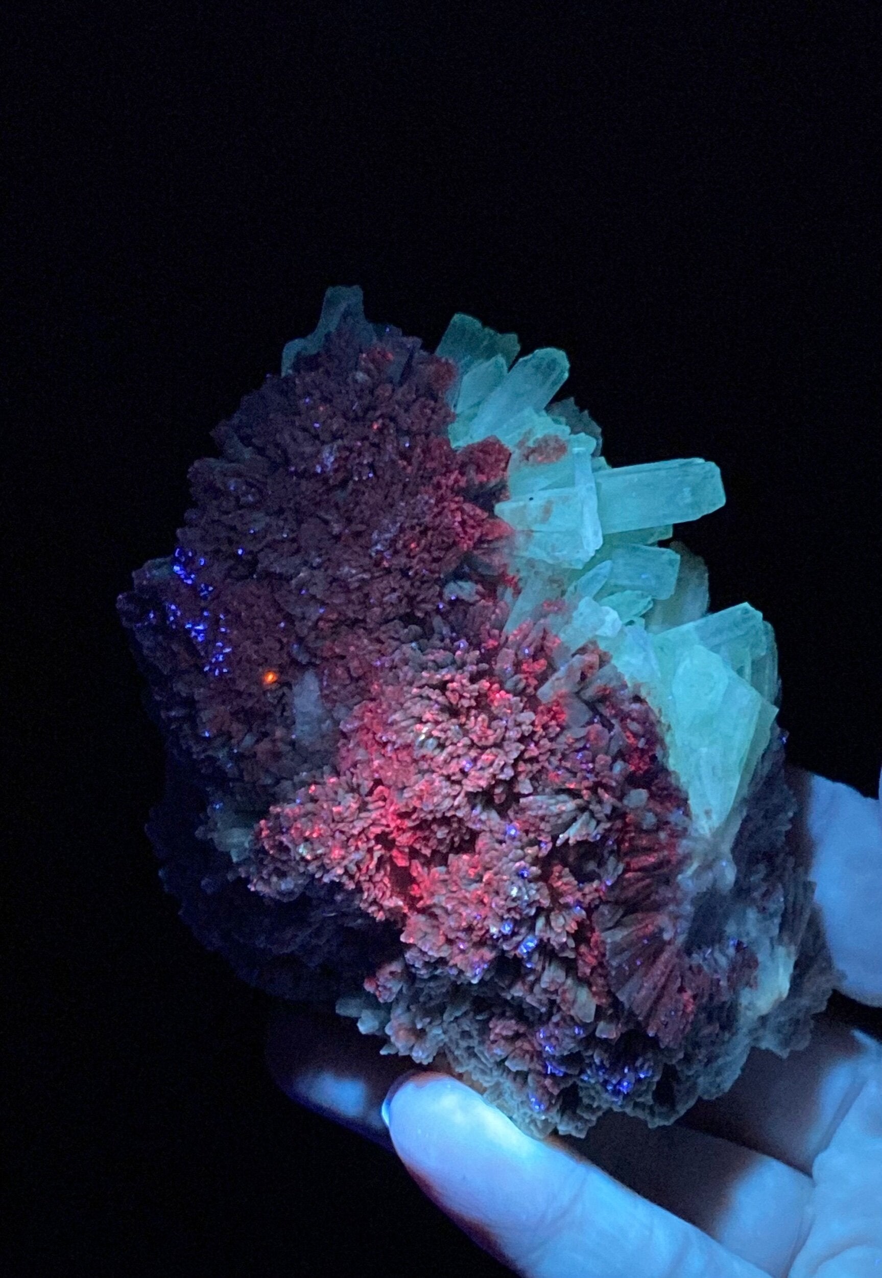 Green & Brown Radiating Aragonite Cluster - Green Areas Phosphorescent