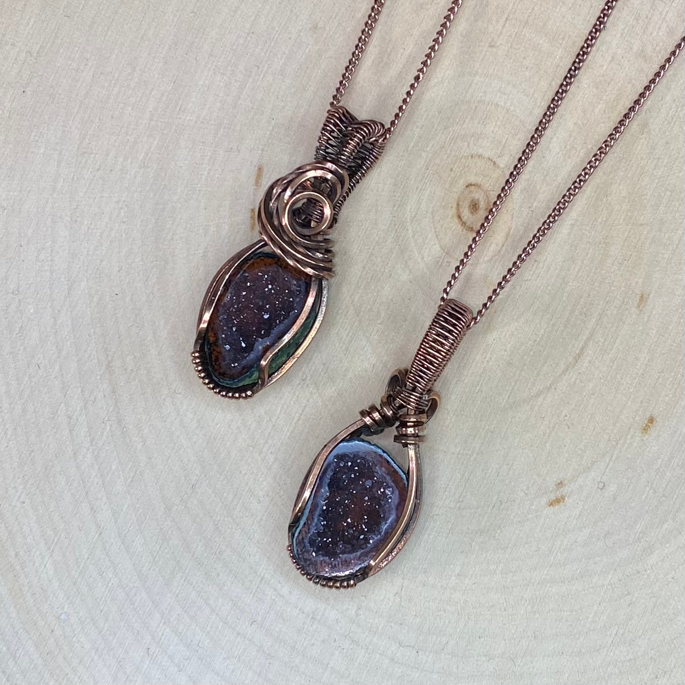 Matching Pair Tabasco Geode & Copper Wire Wrapped Pendants