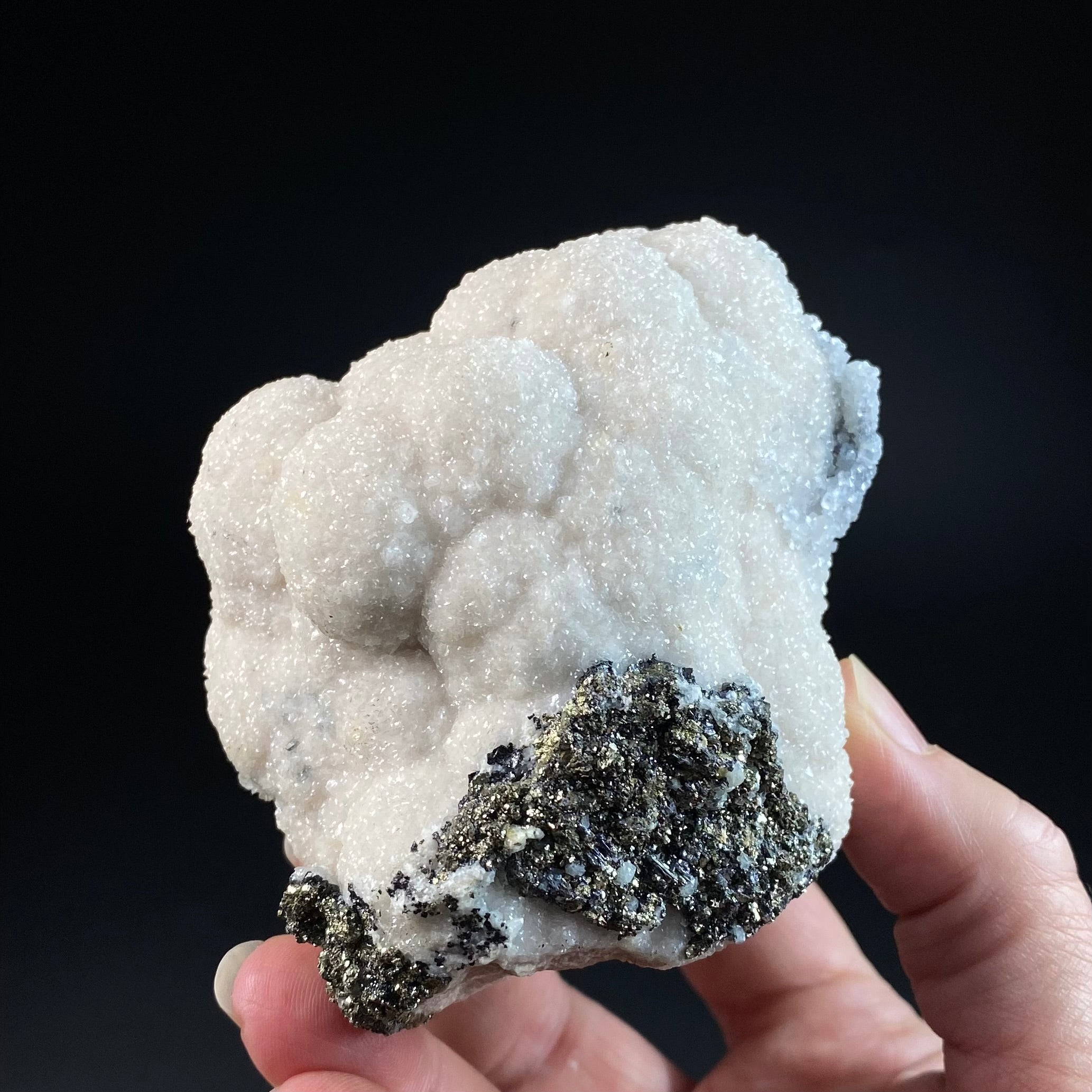 Botryoidal Rhodochrosite, with Mangano Calcite and Pyrite