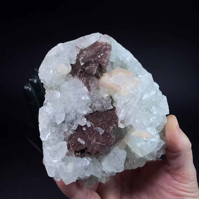 Red Brown Heulandite Fan with Clear Apophyllite Crystals & Stilbite in a Trimmed Pocket of Volcanic Basalt Matrix
