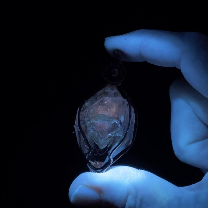 Fluorescent Skeletal Fenster Quartz & Copper Wire Wrapped Pendant