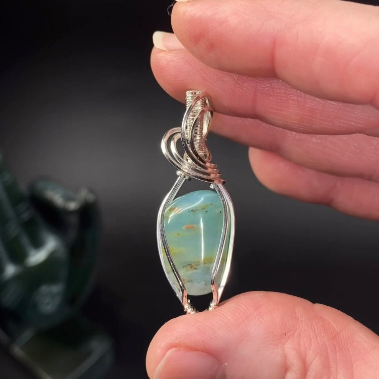 Peruvian Blue Andean Opal & Sterling Silver Wire Wrapped Pendant