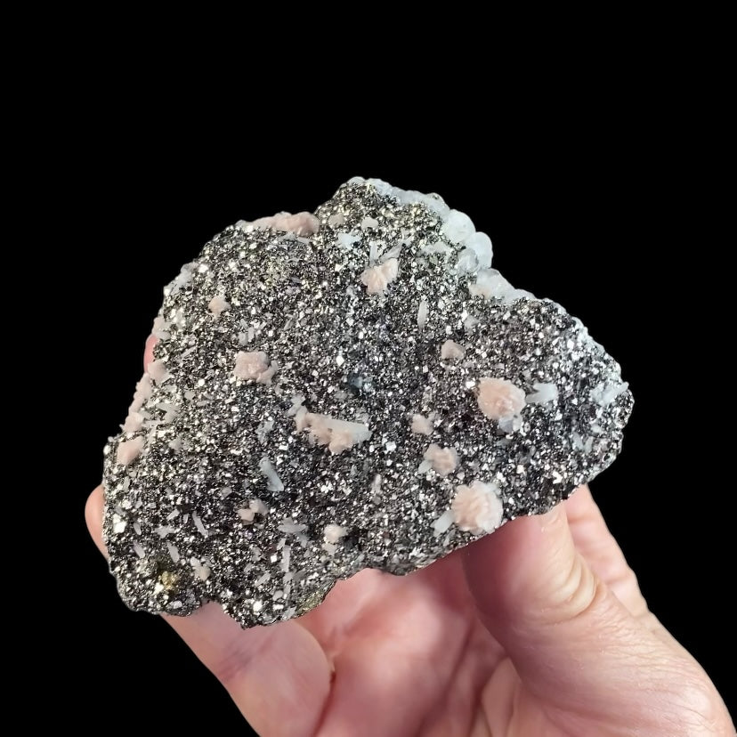 Rhodochrosite Rosettes on Arsenopyrite, with Sphalerite, Pyrite, Boulangerite, Milky Quartz Crystals  & Calcite from Trepça Mines, Kosovo