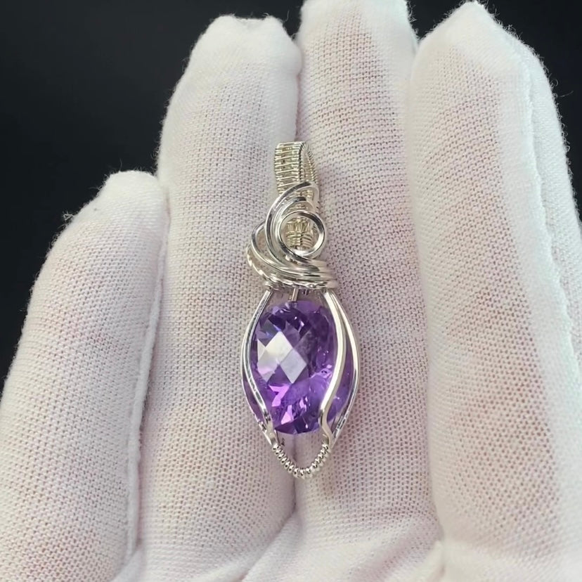 Amethyst Faceted Stone and Sterling Silver  Wire Wrapped Pendant