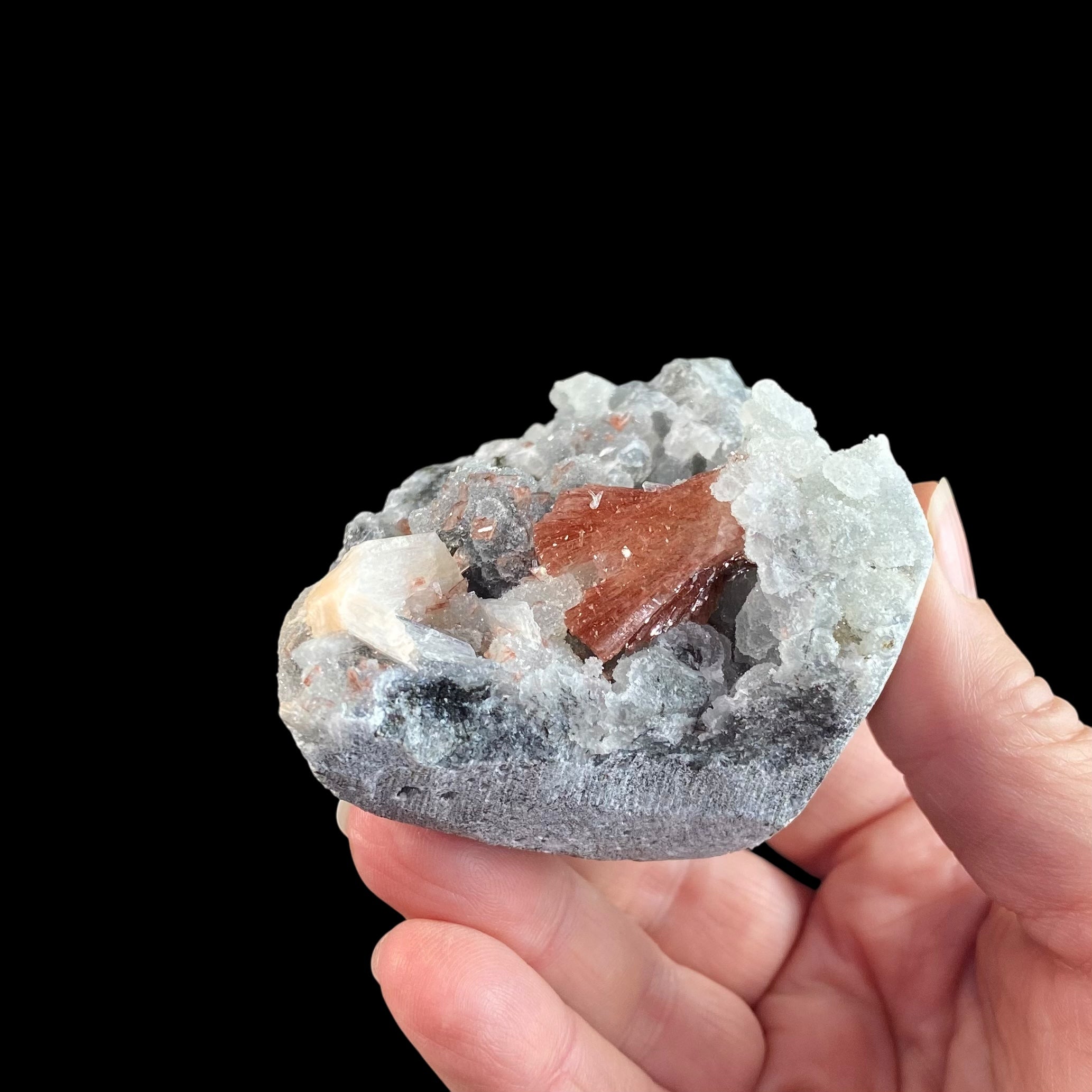 Rare Red Heulandite Fan with Chalcedony Stalactites on Trimmed Basalt Matrix