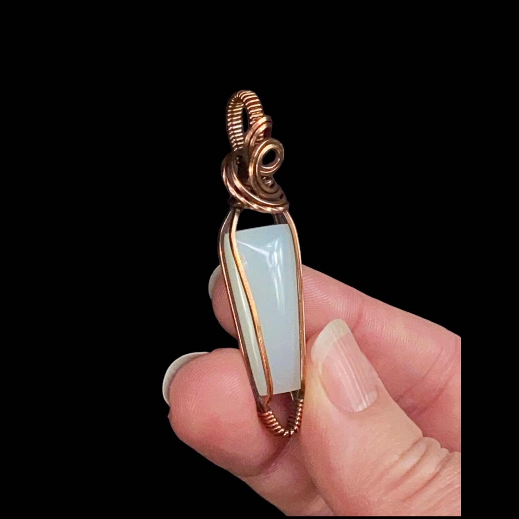 Green Common Opal and Copper Wire Wrapped Pendant