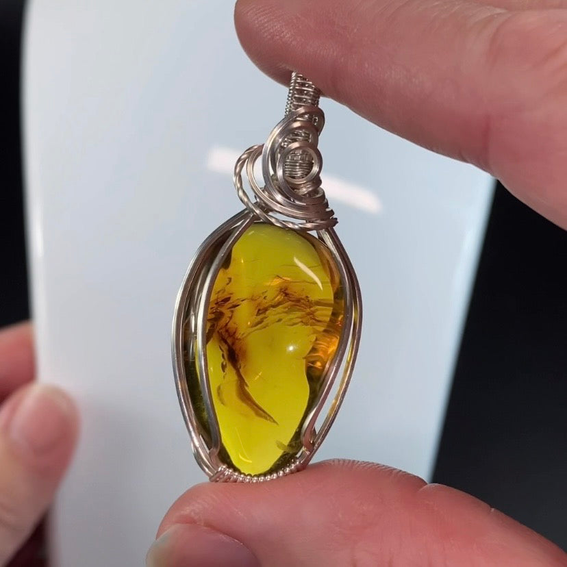 Chiapas Amber with Inclusions & Tarnish Resistant Argentium Silver Wire Wrapped Pendant
