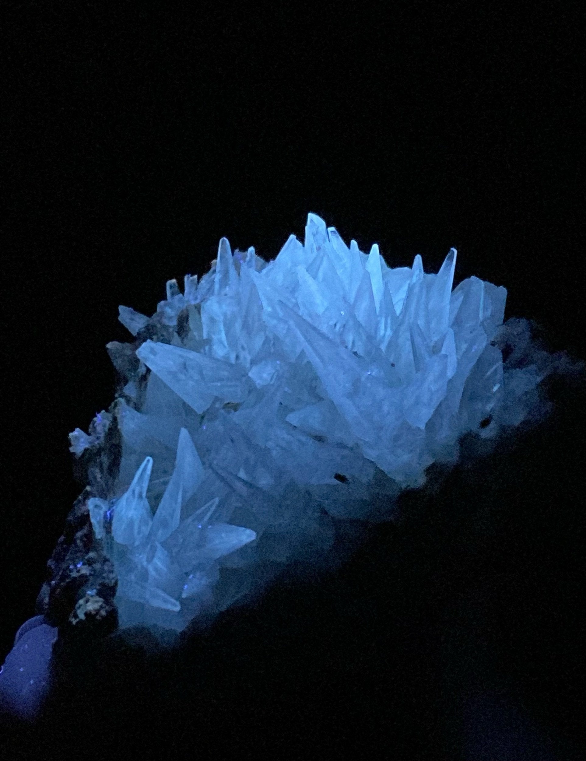 Fluorescent & Phosphorescent Tapered Clear Needle Calcite Crystals on Matrix, Shigar Valley, Pakistan