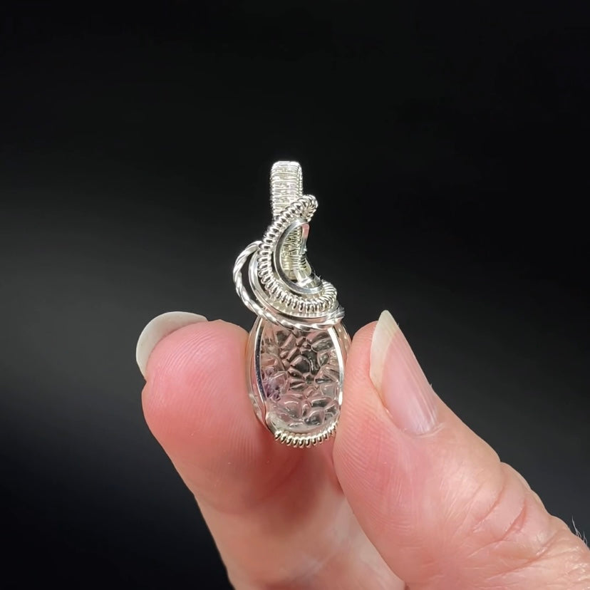 Hyalite Opal with Purple Fluorite Inclusions & Sterling Silver Wire Wrapped Pendant
