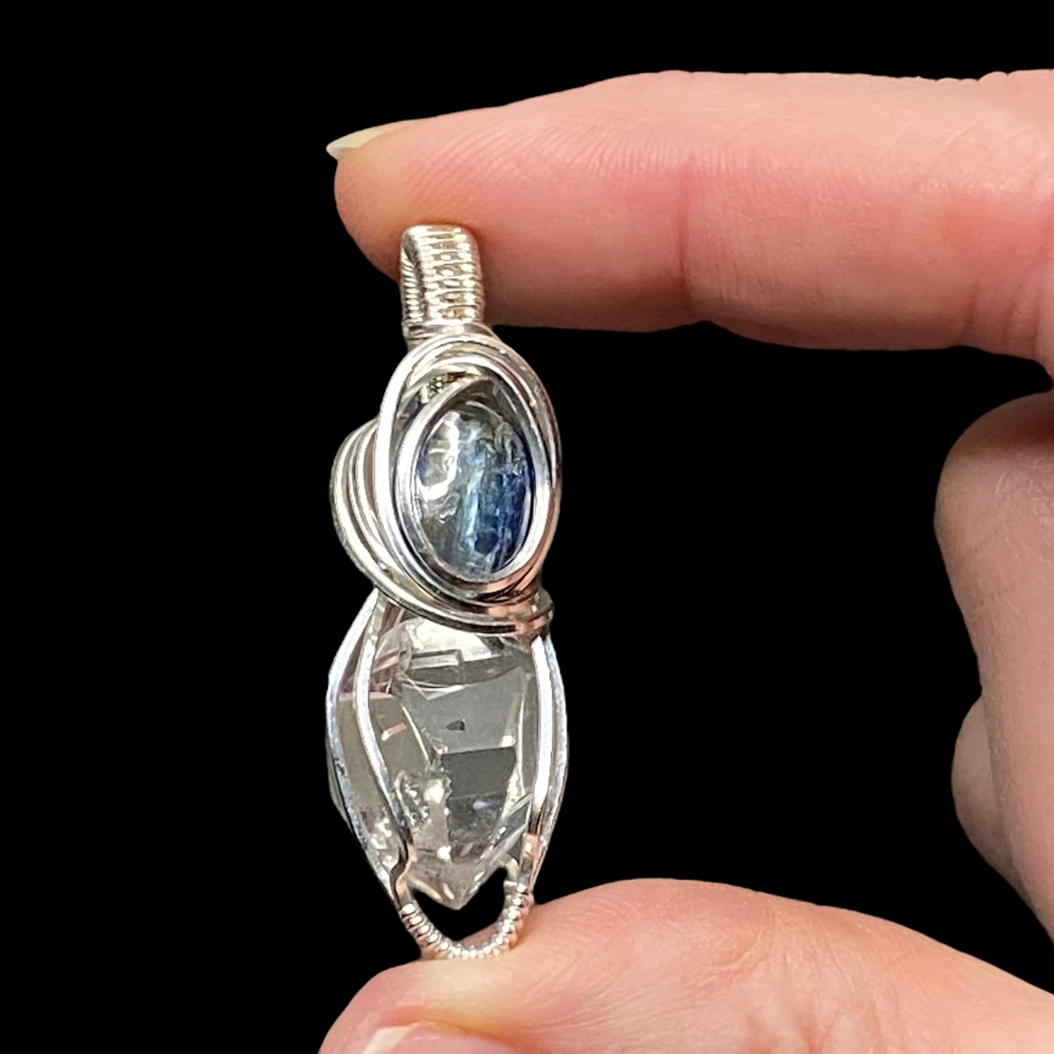 Herkimer Diamond Quartz, Blue Kyanite & Sterling Silver Handmade Wire Wrapped Pendant