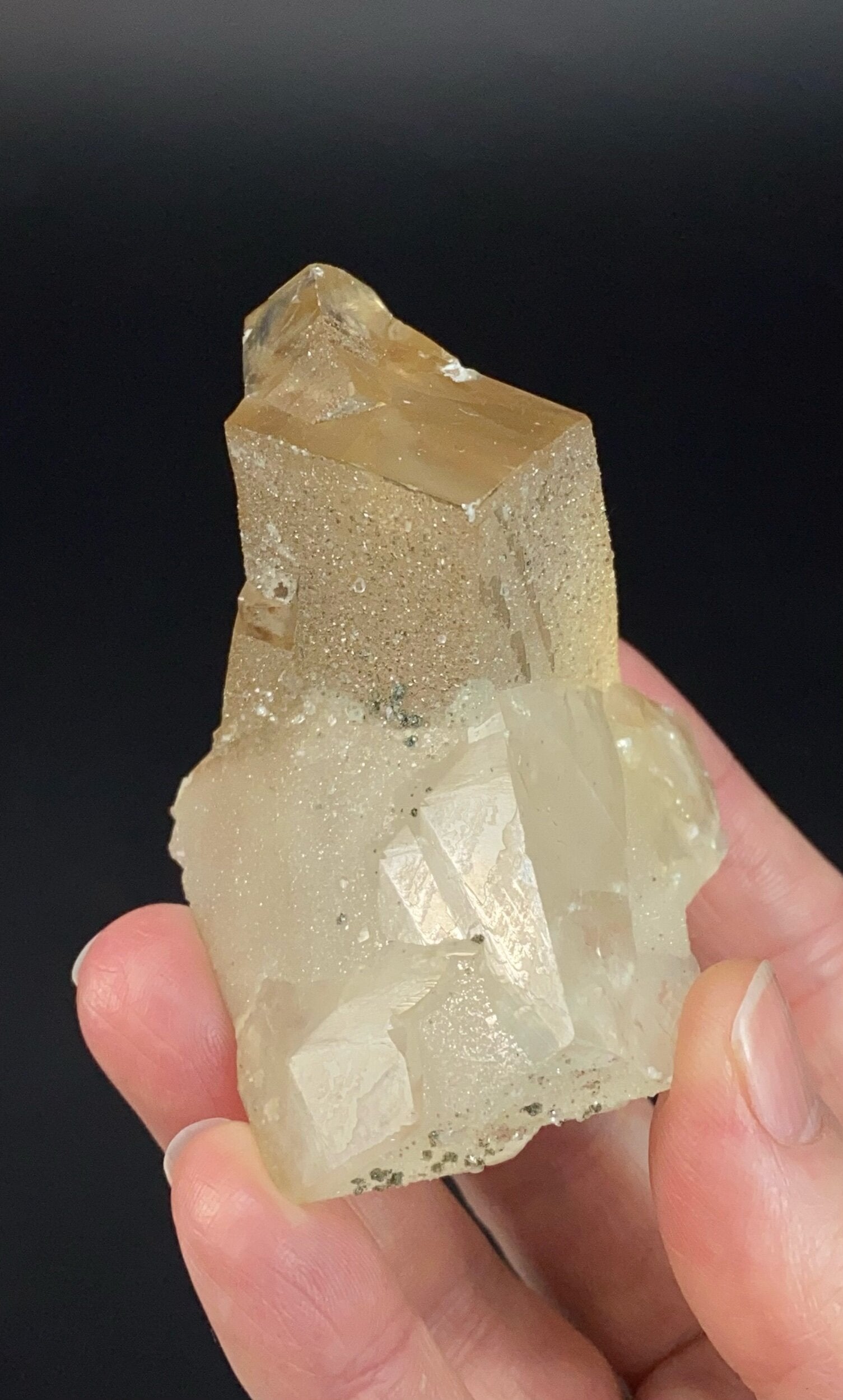 Golden Calcite Crystal Cluster with Druzy Clear Apophyllite