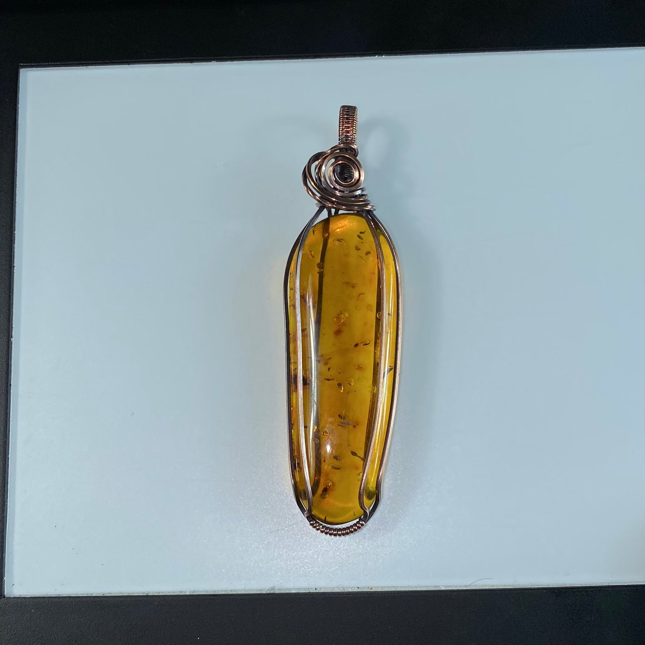 Amber and Copper Wire Wrapped Pendant