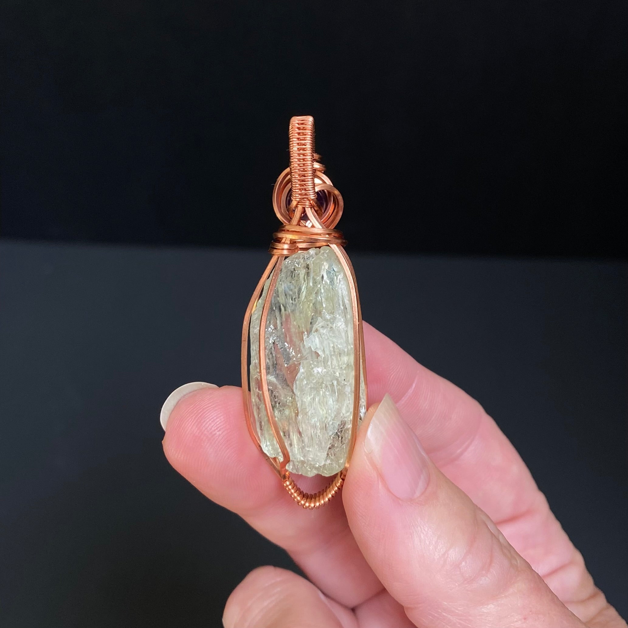 Yellow Spodumene Triphane & Copper Wire Wrapped Pendant with Amethyst - Yellow Kunzite