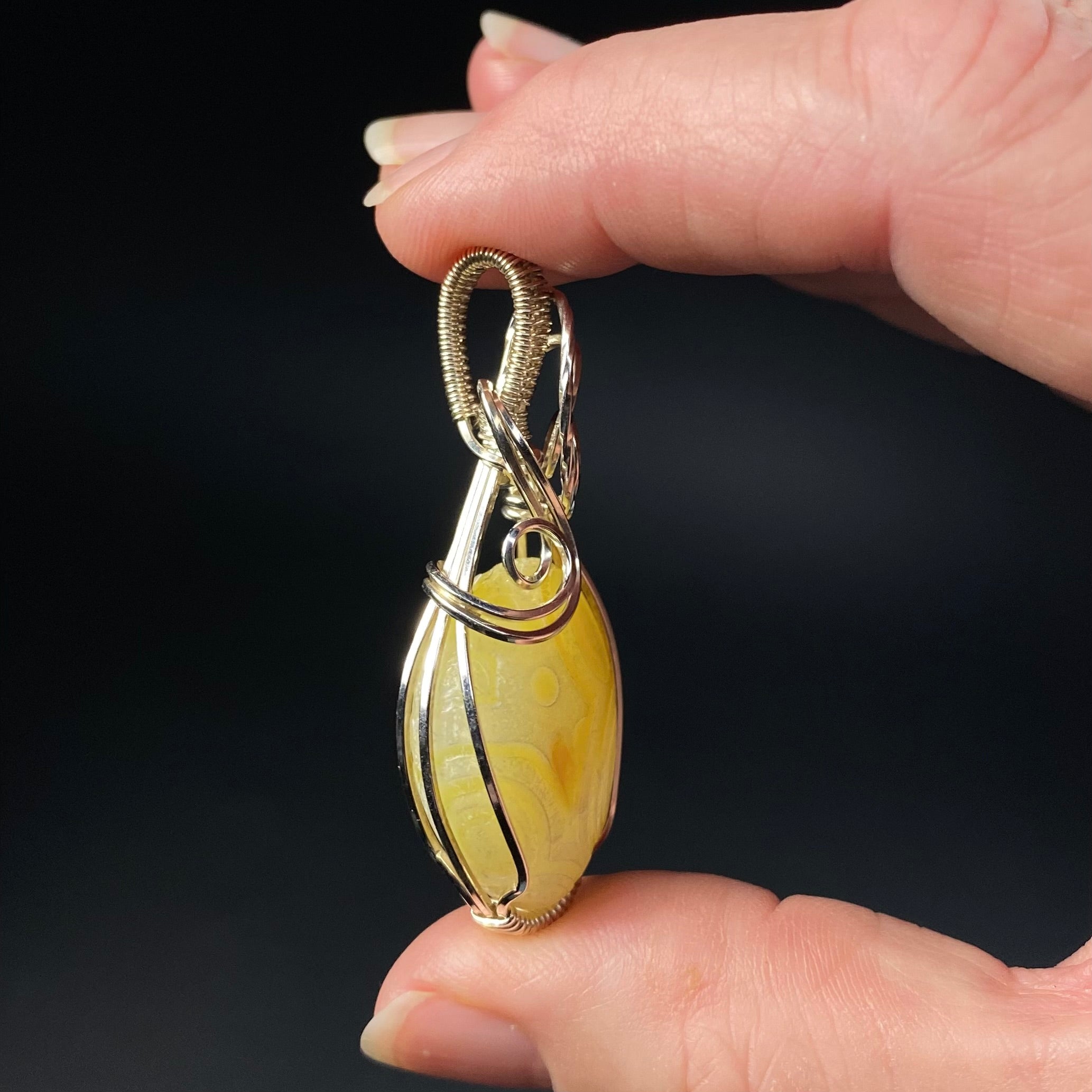 Yellow Gobi Desert Agate and Sterling Silver Wire Wrapped Pendant