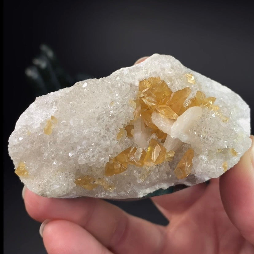 Phosphorescent Golden Honey Calcite Crystals on Druzy Quartz in Basalt Pocket