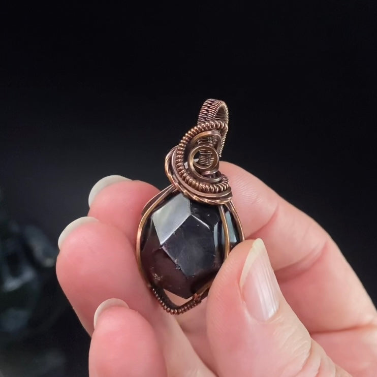 Polished Almandine Garnet and Copper Wire Wrapped Pendant