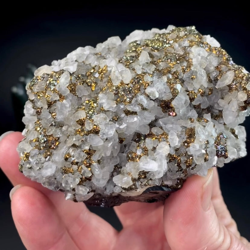 Rainbow Iridescent Pyrite & Fluorescent Calcite on Sphalerite Matrix