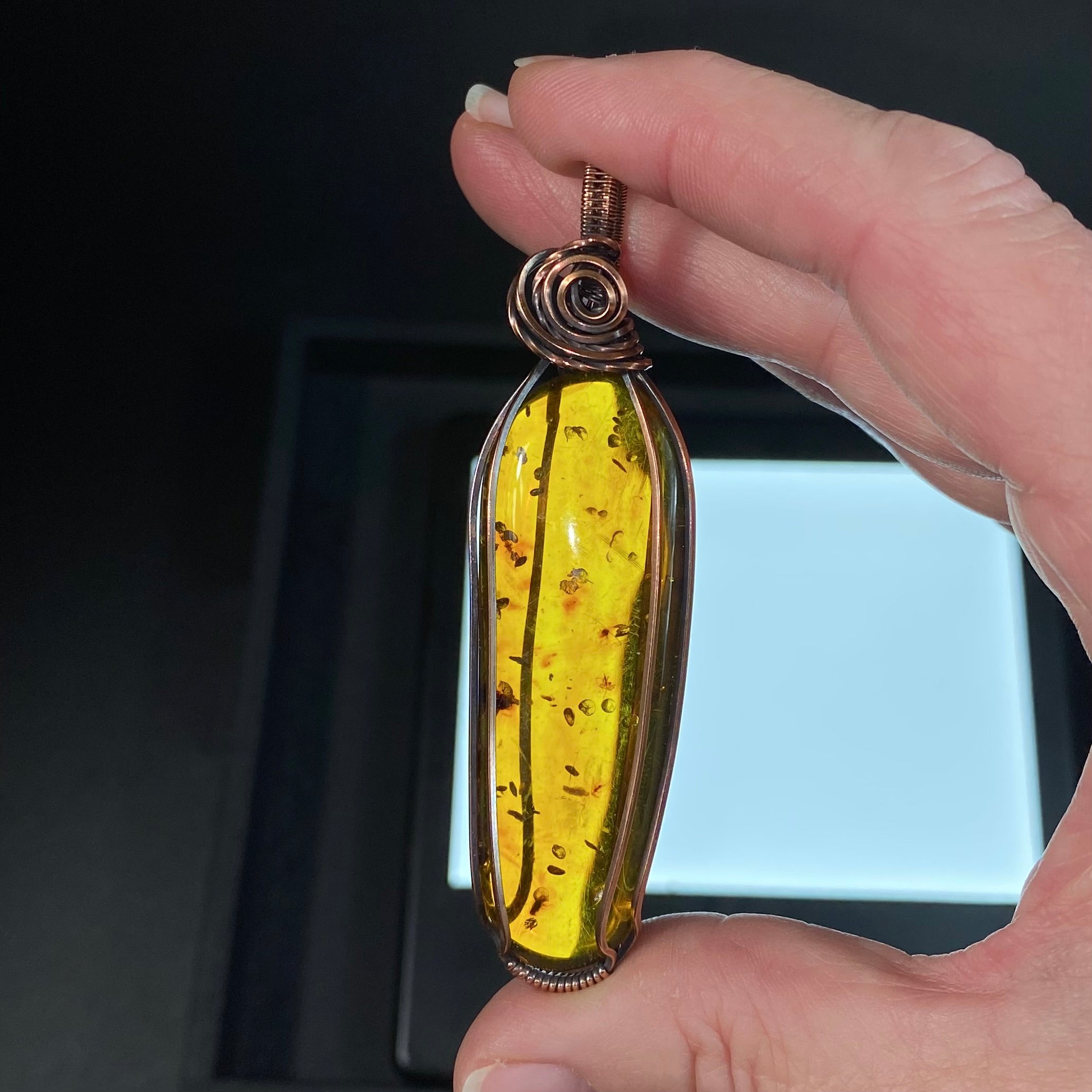 Amber and Copper Wire Wrapped Pendant