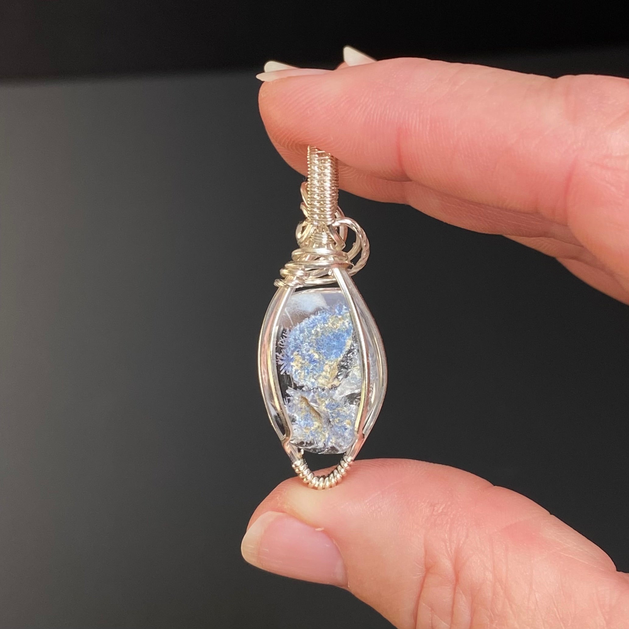 High Grade Dumortierite Included Quartz & Sterling Silver Handmade Wire Wrapped Pendant