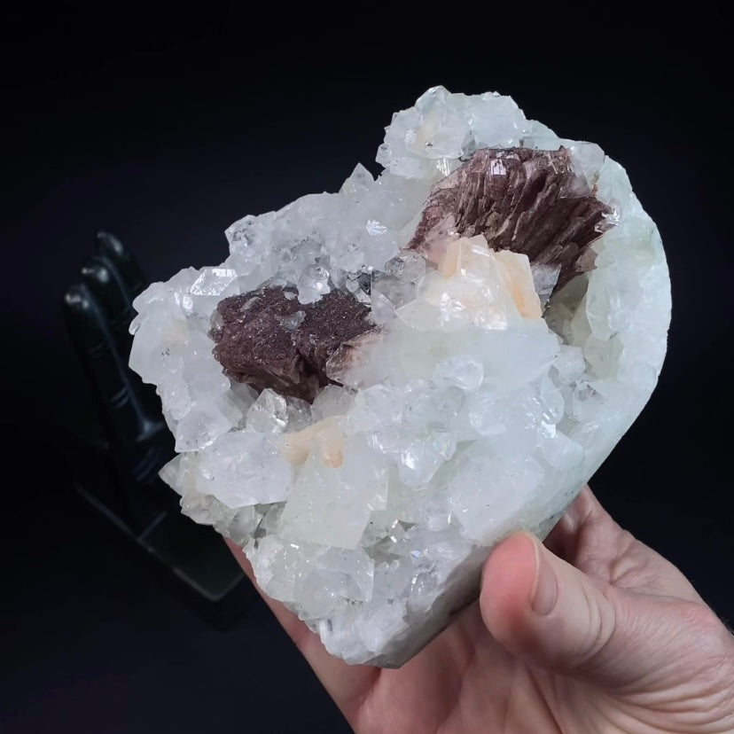 Red Brown Heulandite Fan with Clear Apophyllite Crystals & Stilbite in a Trimmed Pocket of Volcanic Basalt Matrix