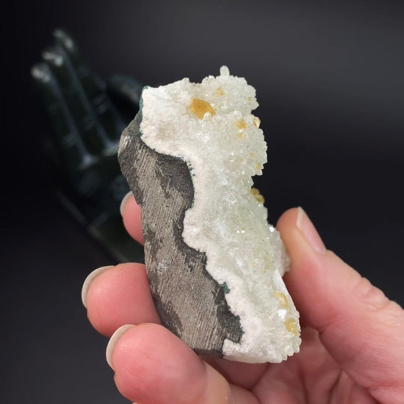 Phosphorescent Golden Honey Calcite Crystals on Druzy Quartz in Basalt Pocket