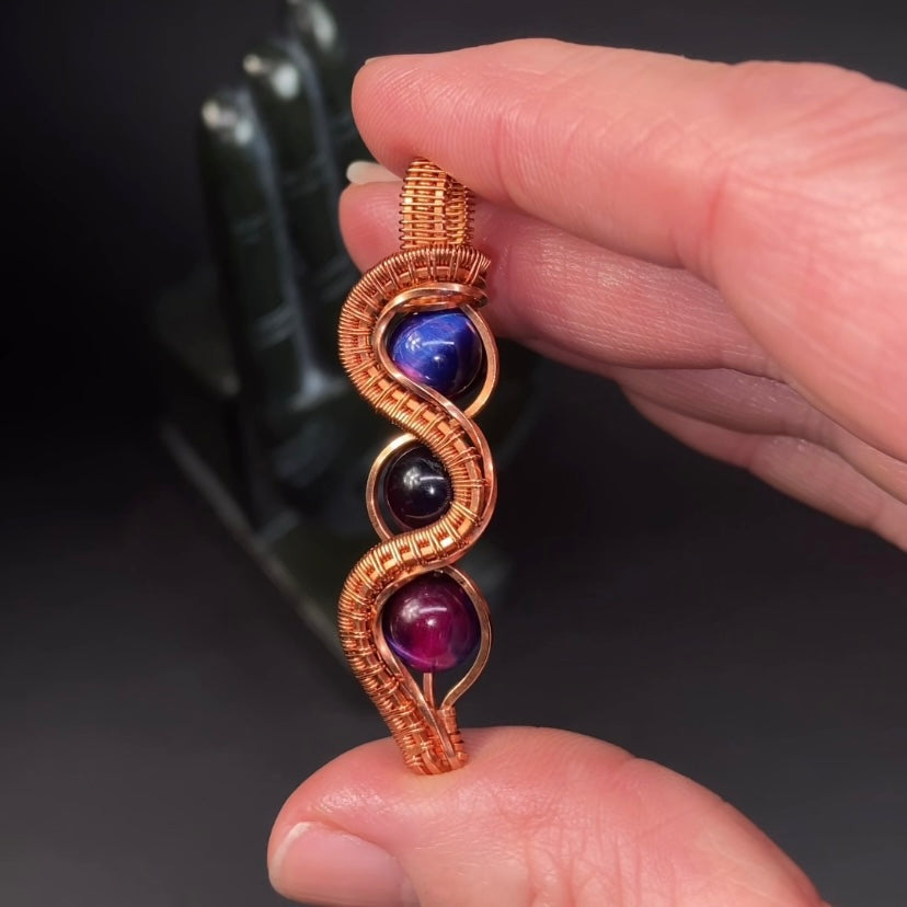 Blue & Pink Chatoyant Tiger Eye Wire Wrapped Pendant in Raw Copper