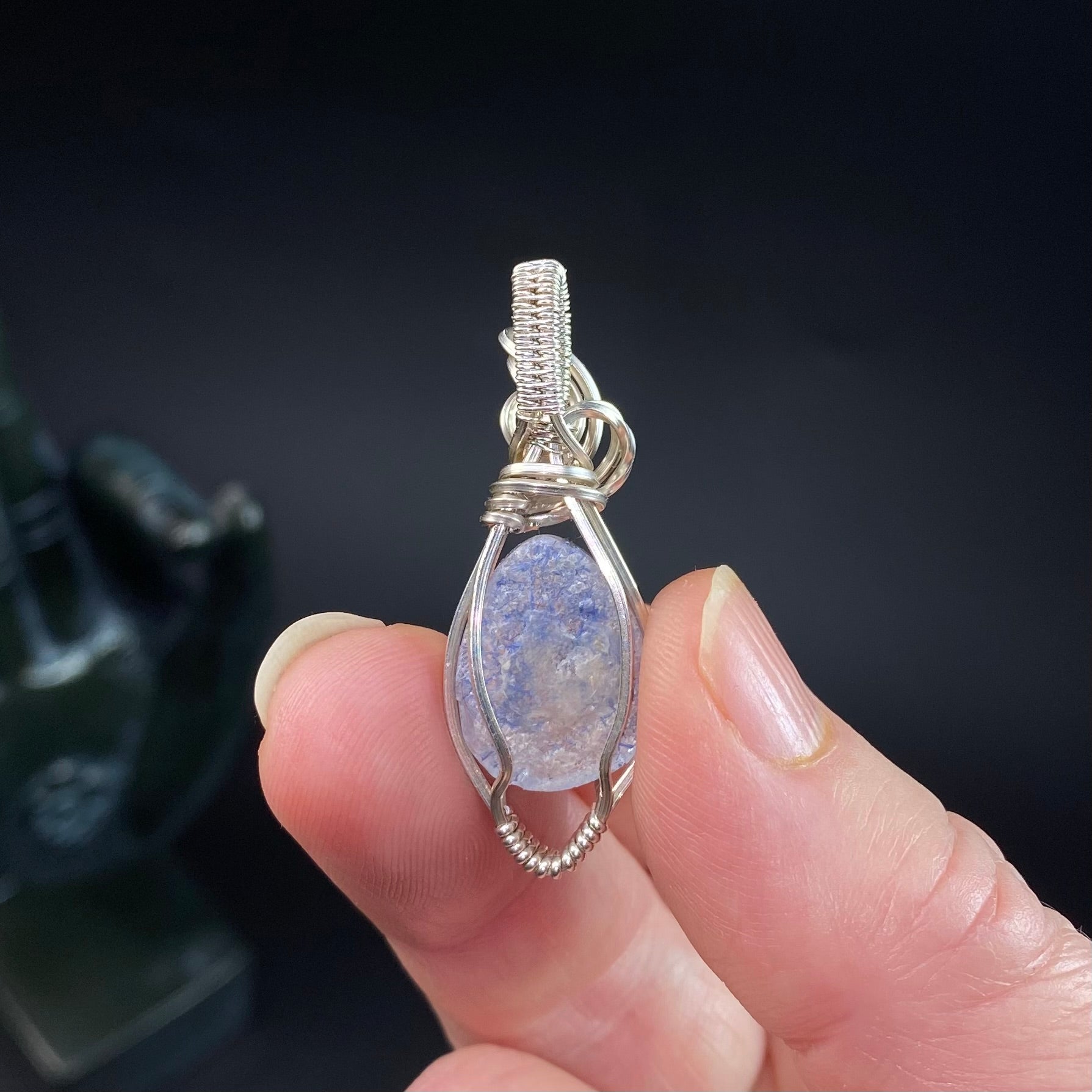 High Grade Dumortierite Included Quartz & Tarnish Resistant Argentium Silver Handmade Wire Wrapped Pendant