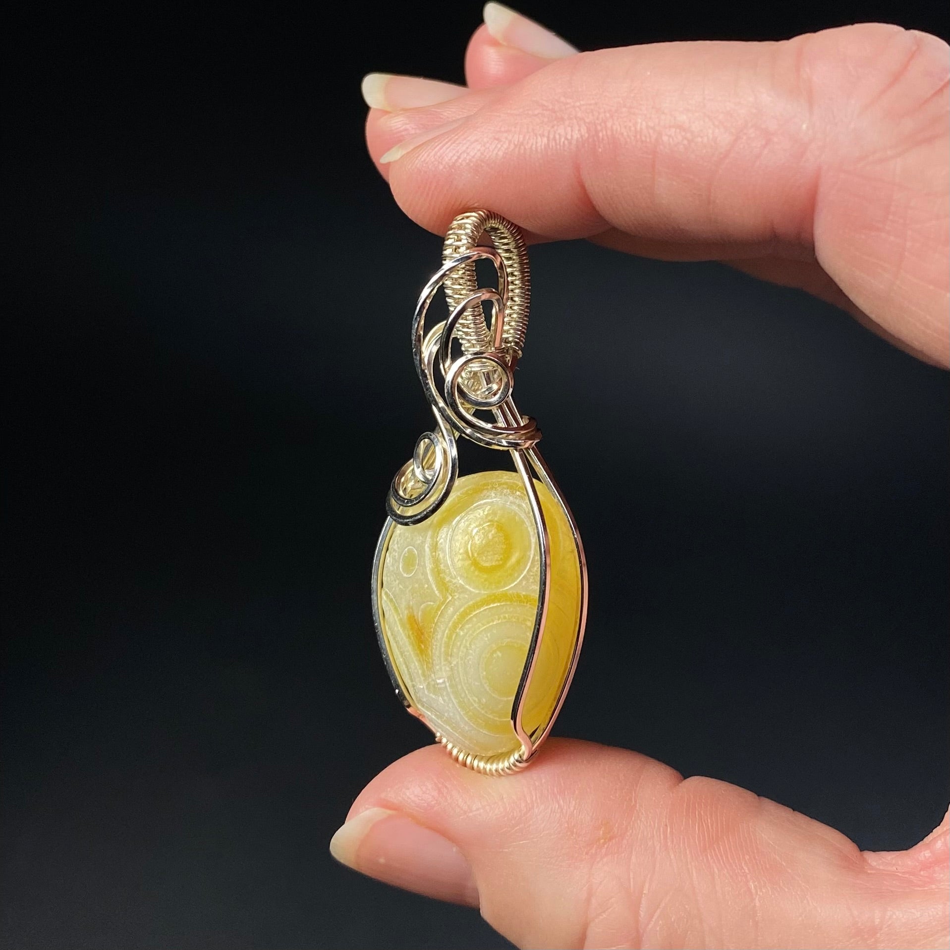 Yellow Gobi Desert Agate and Sterling Silver Wire Wrapped Pendant
