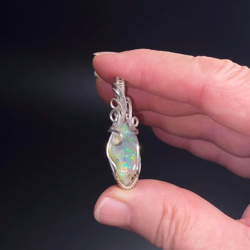 Ethiopian Welo Opal & Sterling Silver Wire Wrapped Pendant