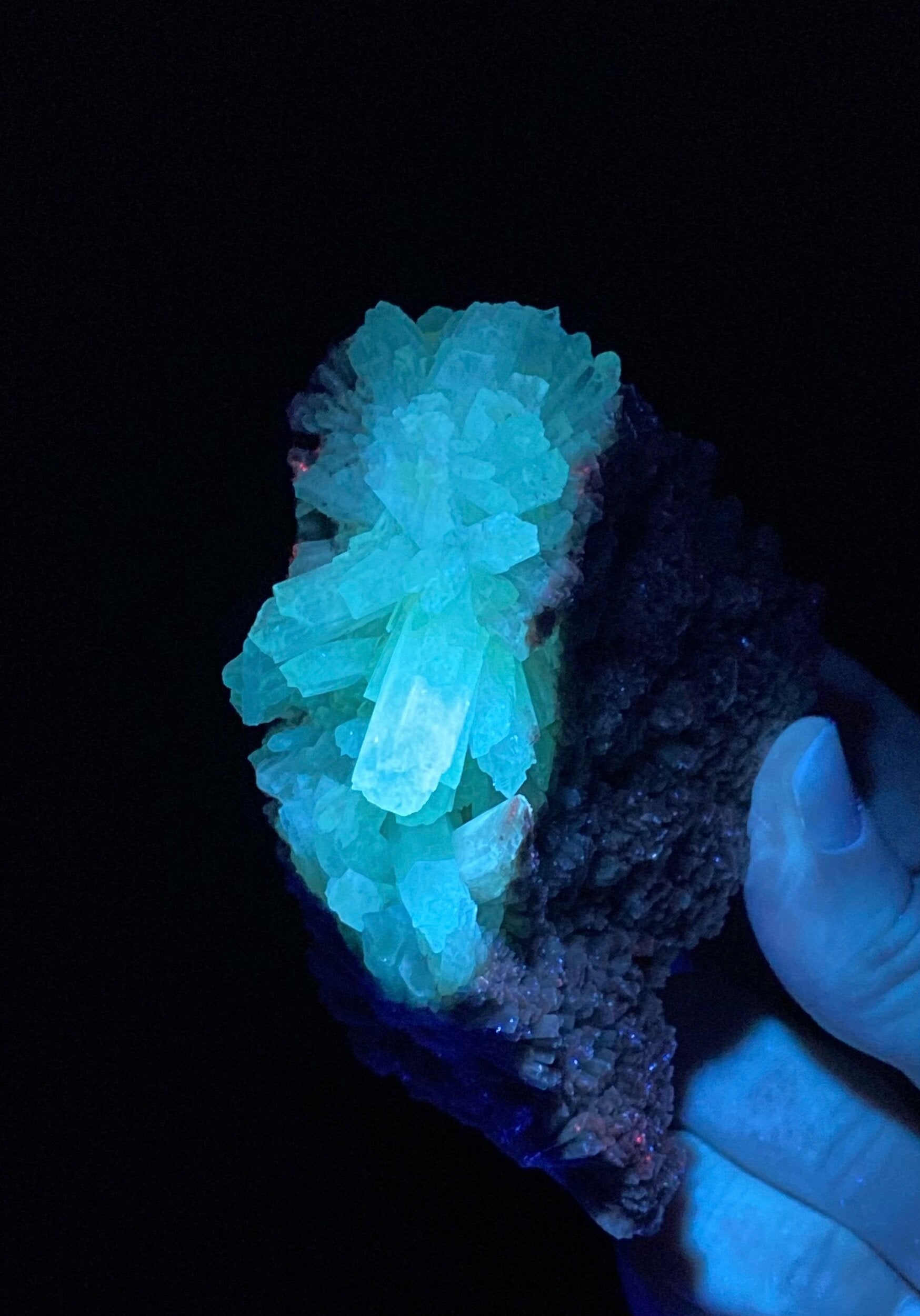 Green & Brown Radiating Aragonite Cluster - Green Areas Phosphorescent