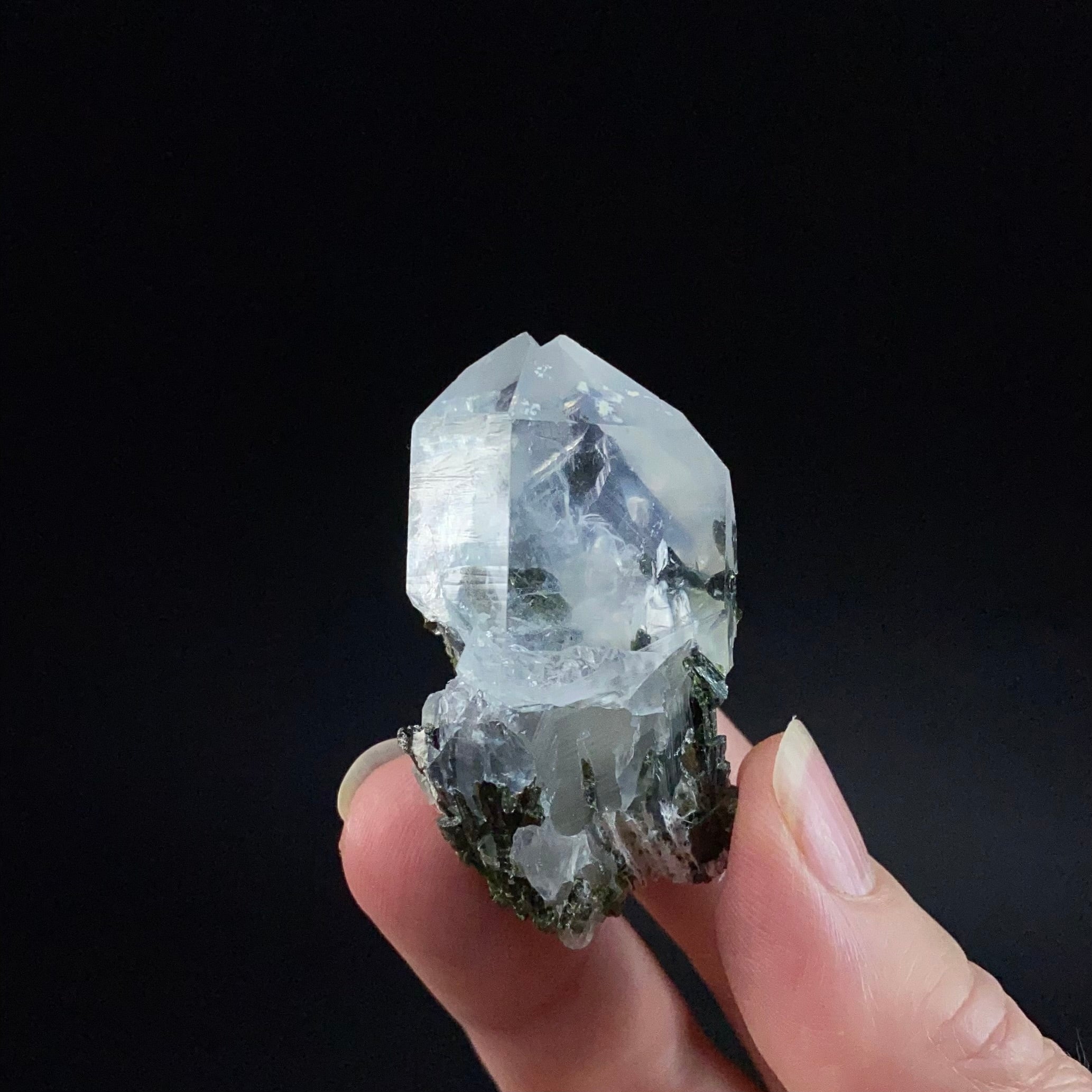 Quartz Crystal with Dark Green Epidote Crystals and Twin Terminations