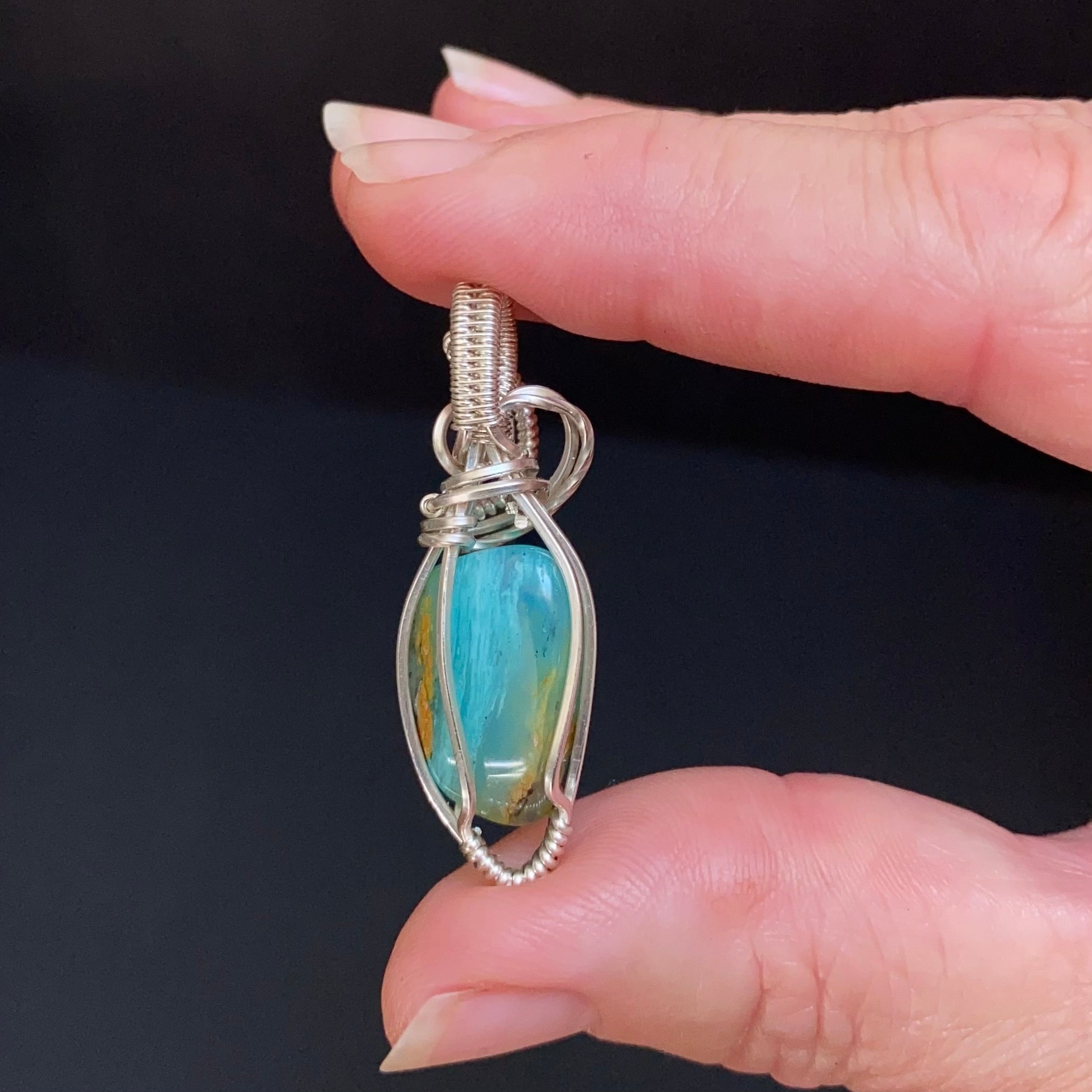 Peruvian Blue Andean Opal & Sterling Silver Wire Wrapped Pendant