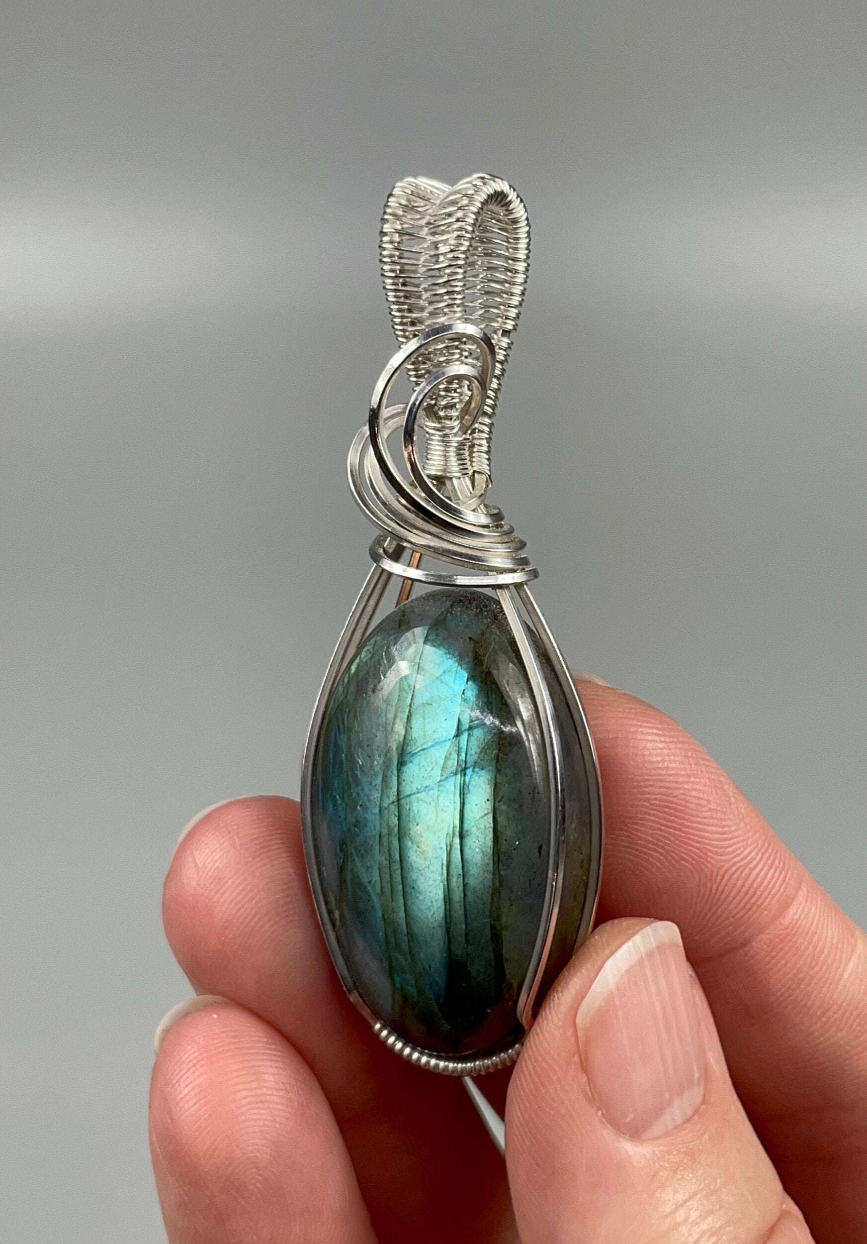 Labradorite & Tarnish Resistant Argentium Silver Wire Wrapped Pendant - Natural Stone / Crystal Jewelry