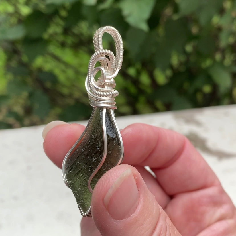 Genuine Moldavite Wire Wrapped Pendant in Sterling Silver Wire