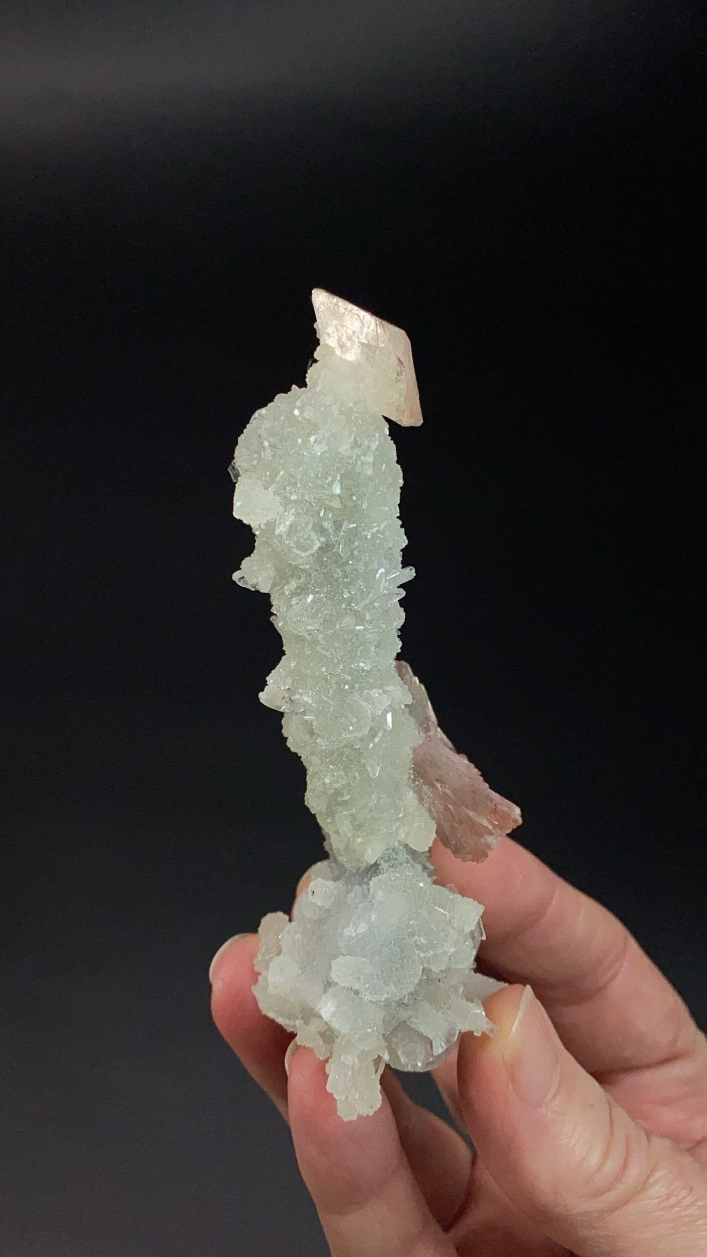 Clear Apophyllite, Pink Heulandite & Calcite Stalactite Formation Cluster