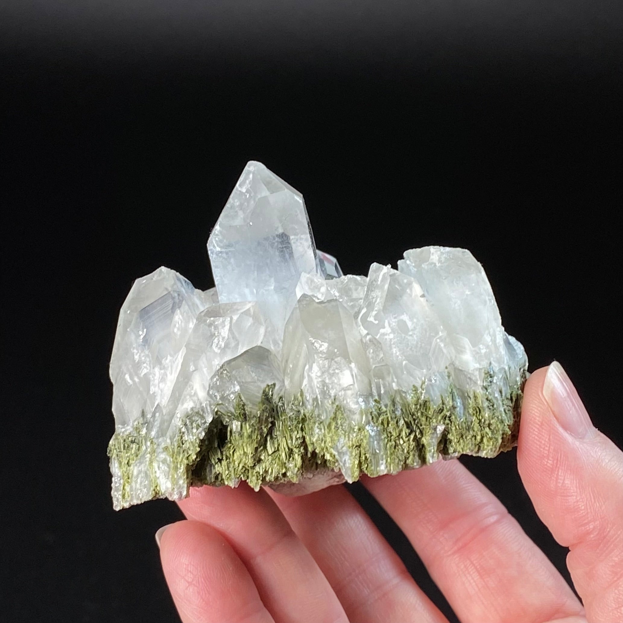 Quartz Crystal Cluster with Dark Green Epidote Crystals & Byssolite