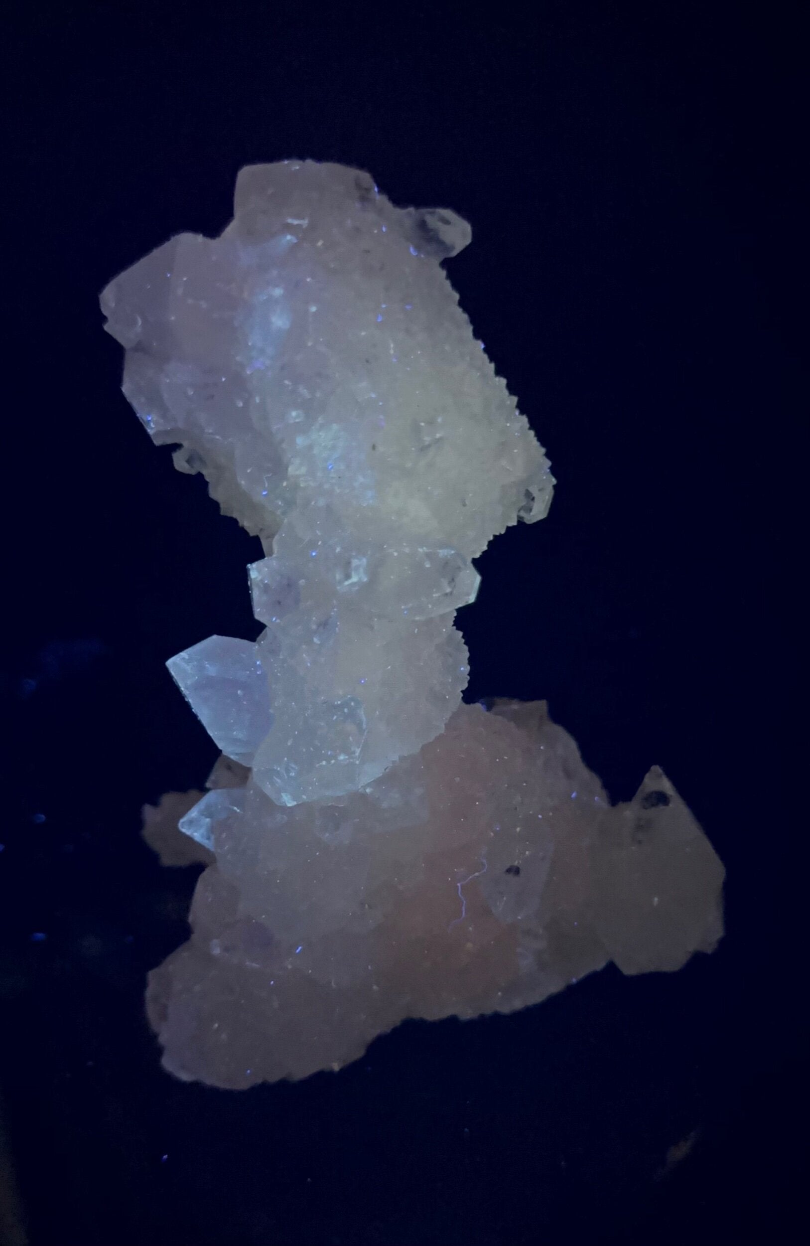 Clear Apophyllite Stalactite Formation Cluster with Fluorescent Calcite Core