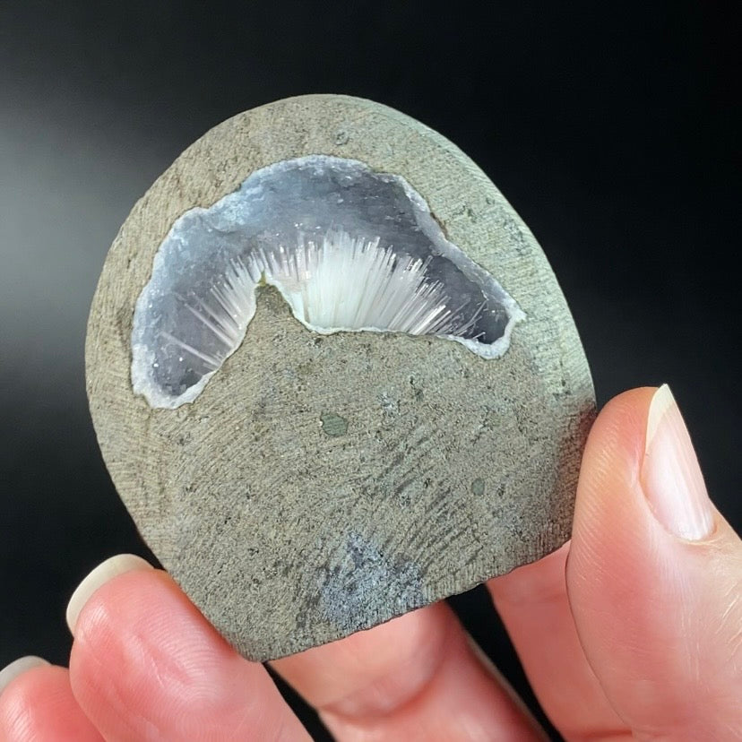 Scolecite Spray with Quartz & Stilbite in Trimmed Basalt Geode Pocket