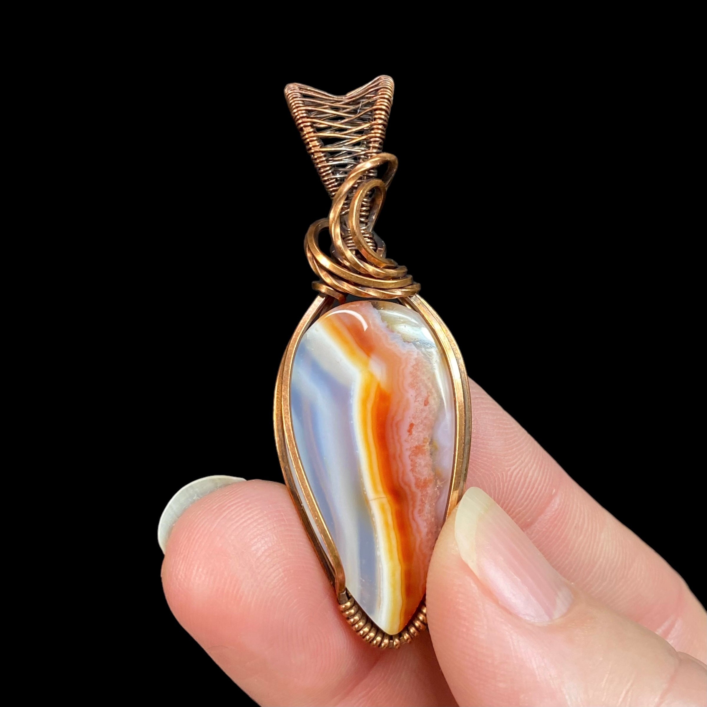 Carnelian Banded Agate & Copper Wire Wrapped Pendant - Natural Stone / Crystal Jewelry