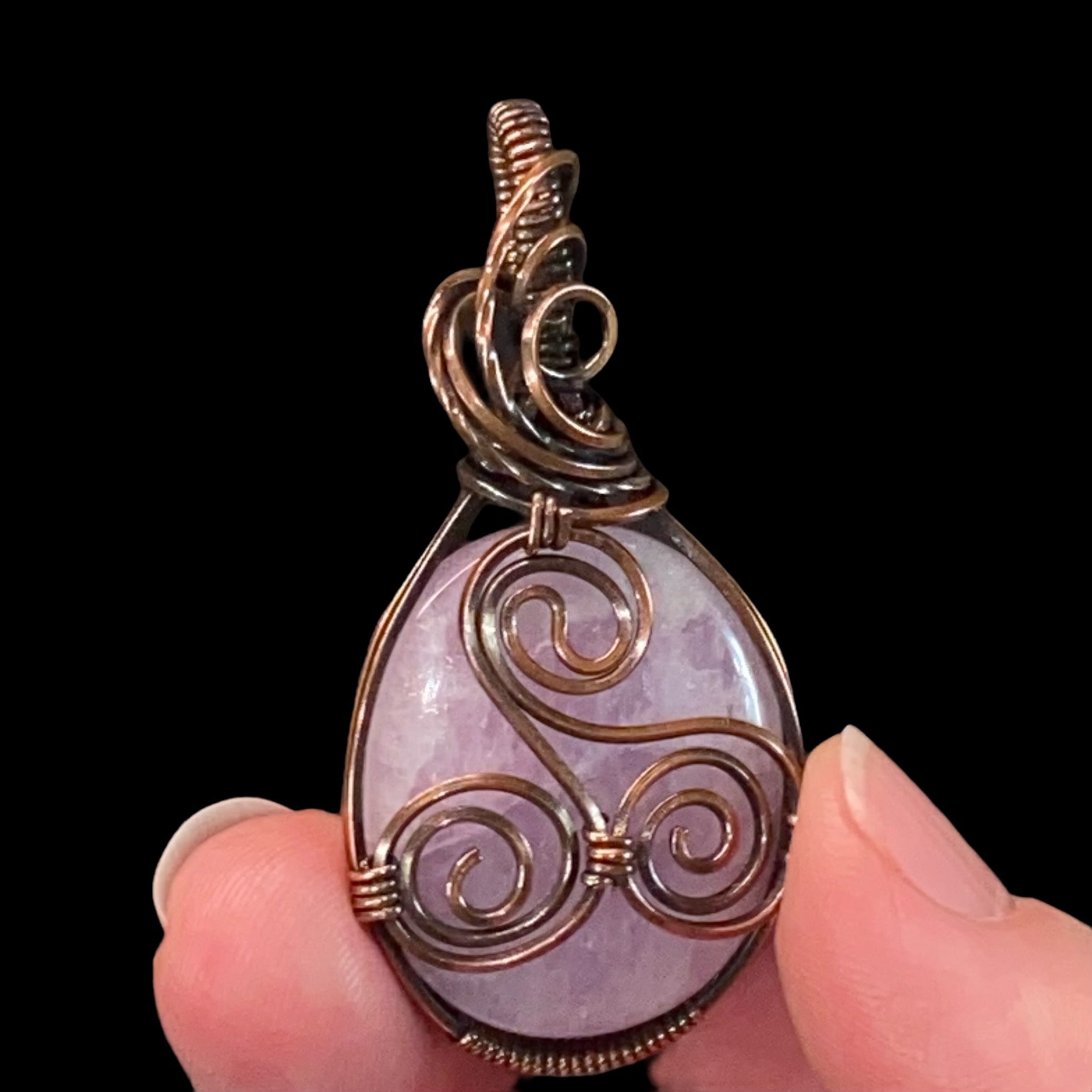 Kunzite with Triskelion, Triskele & Copper Wire Wrapped Pendant