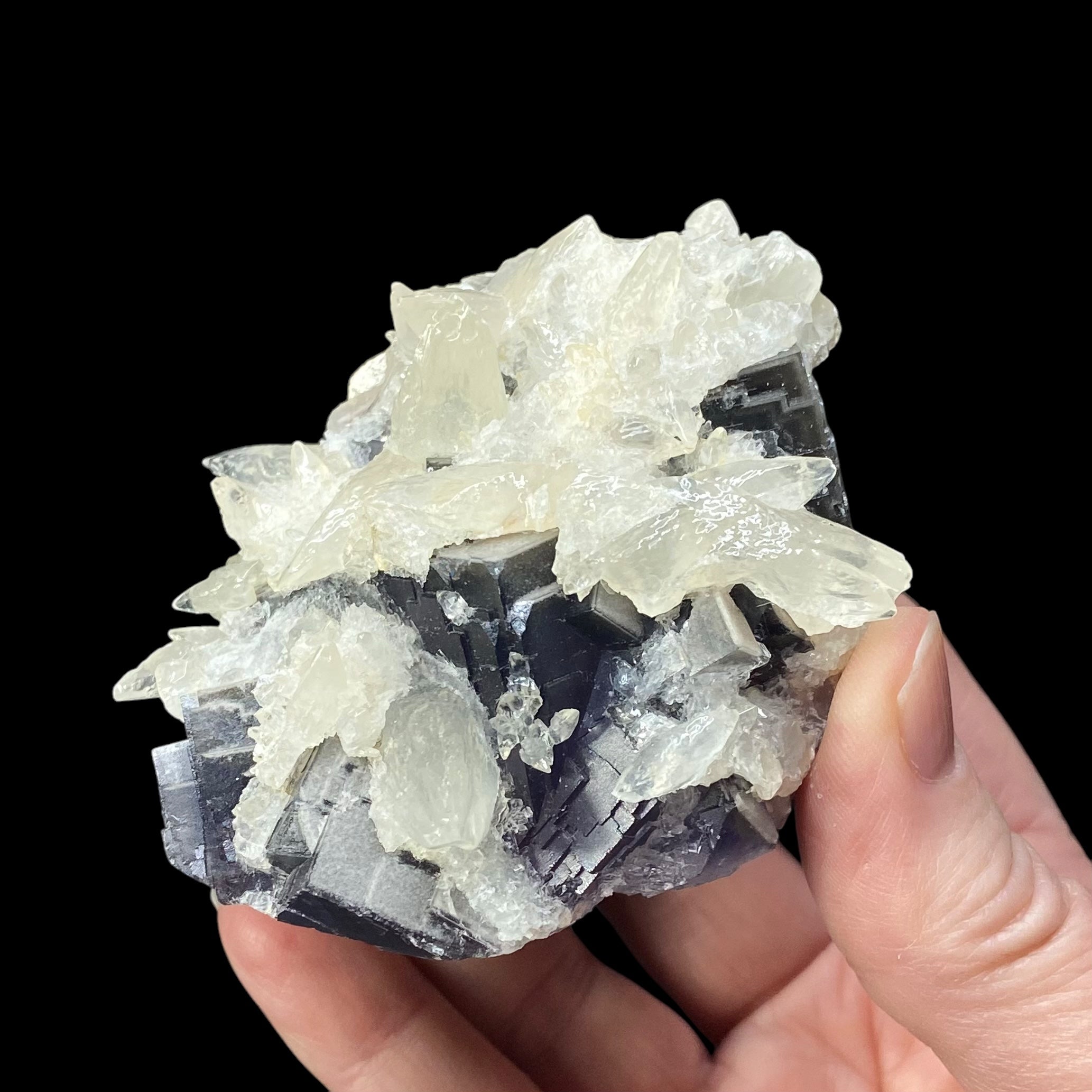 Dog Tooth Calcite on Blue Purple Fluorite Matrix, UV Reactive, Fluorescent