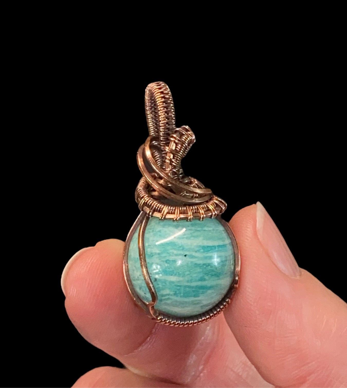 Amazonite Sphere and Copper Handmade Wire Wrapped Pendant