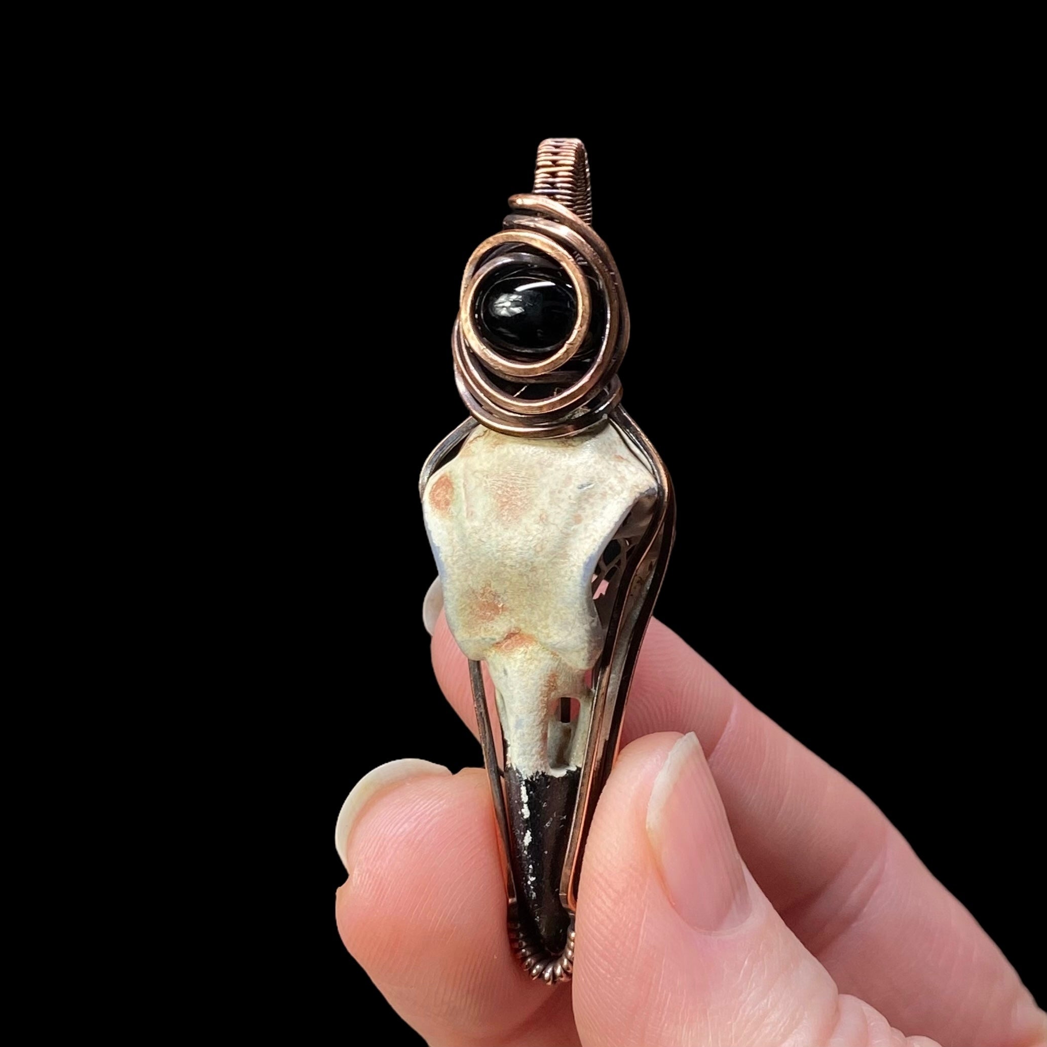 Resin Raven Skull & Copper Wire Wrapped Pendant with Black Onyx Accent Stone