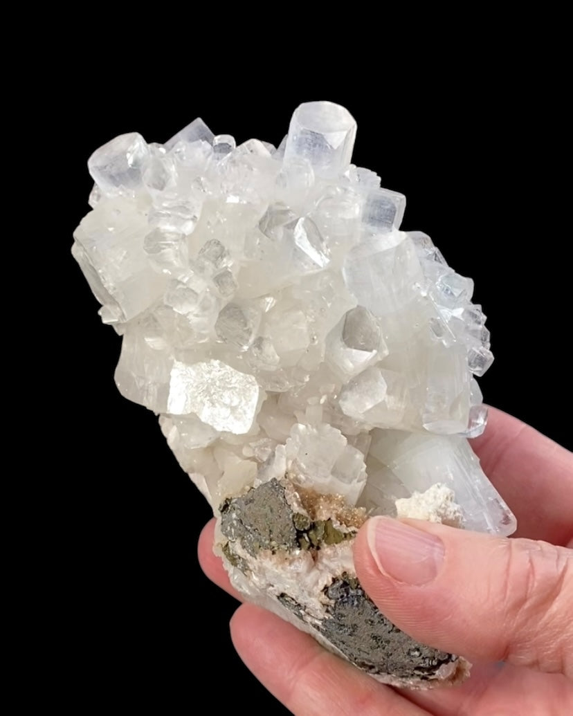 Clear Apophyllite Crystals with Peach Stilbite & Okenite on Basalt Matrix