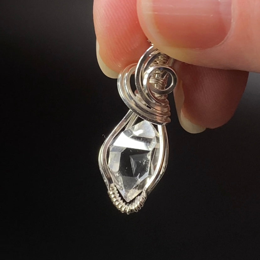 Herkimer Diamond Quartz & Sterling Silver Wire Wrapped Pendant with Rhodium Plated Sterling Silver Chain